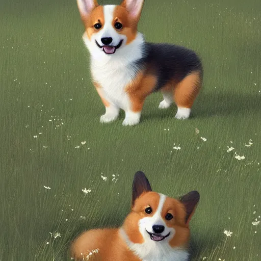 Prompt: extremely adorable corgi puppy, very lifelike, hyperrealistic, beautiful meadow background, soft focus, extremely detailed digital illustration by greg rutkowski and artgerm and moebius, trending on artstation, award - winning, masterpiece, 8 k