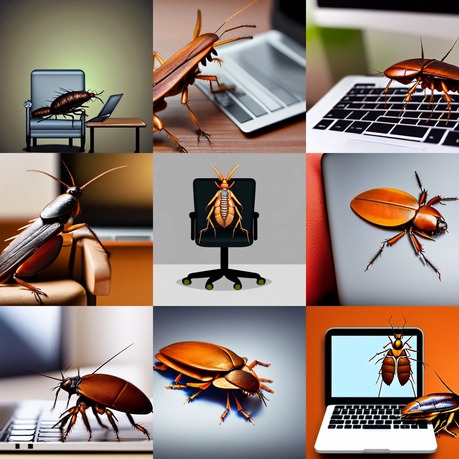 Prompt: anthropomorphic cockroach in a chair in front of a laptop