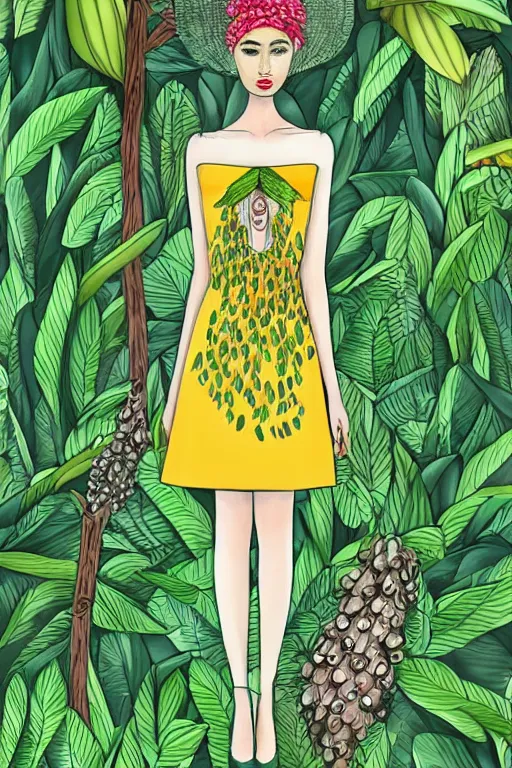 Prompt: melon colored dress, fashion illustration by eko nugroho, jungle background, finely detailed