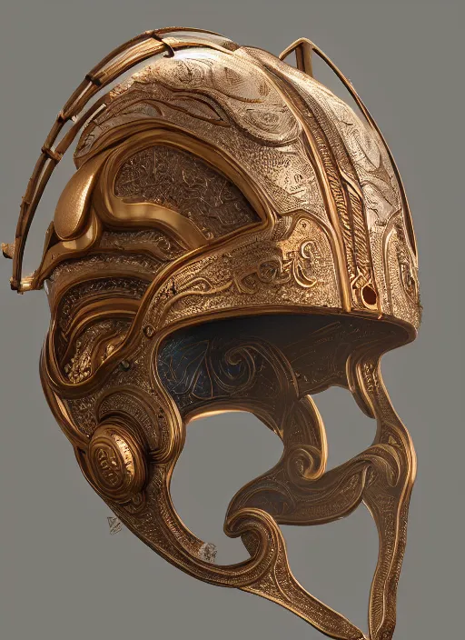 Image similar to Helmet of a forgotten Deity, ivory, copper elements, extremly detailed digital painting, mystical colors, rim light, beautiful lighting, 8k, stunning scene, raytracing, octane, trending on artstation