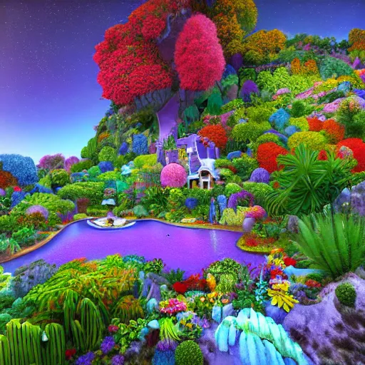 Image similar to a tiltshift 4 k photo of visions of serenity in the garden of enchantment, detailed digital art by howard arkley, anton fadeev and james gurney, hyperdetailed 4 k hd realism rendered in unreal engine