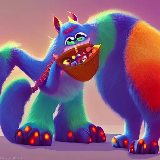 Prompt: very cute big fluffy monster, children's book, pixar, vibrant colors, ultra detailed cinematic, rim light, clear focus, details visible, character design, atmospheric, trending on artstation