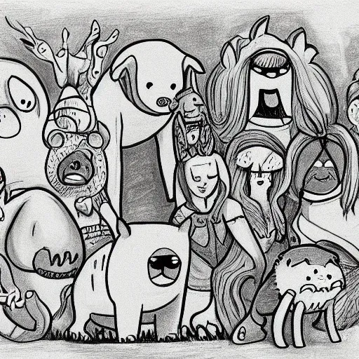 Prompt: fantasy episode with animals from the series Adventure Time, coherent drawing