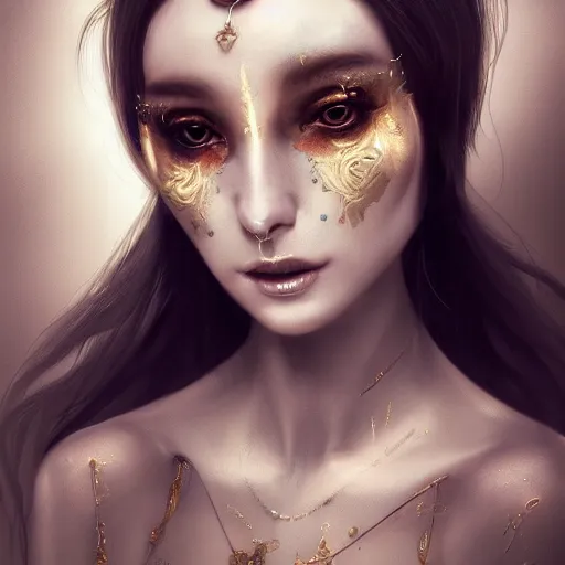 Image similar to human portrait, ethereal, face, crystal, intrincate, cgsociety, devianart, ornate, maximalist, fine art, golden details