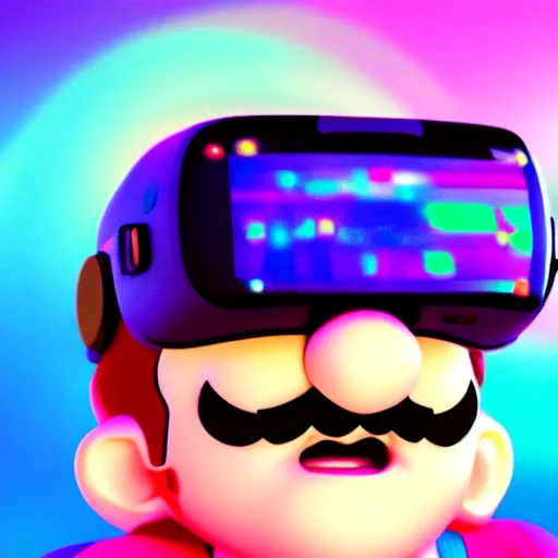 Prompt: Mario wearing a VR headset with a vaporwave background, octane render, 3D, coherent like Dall-E 2