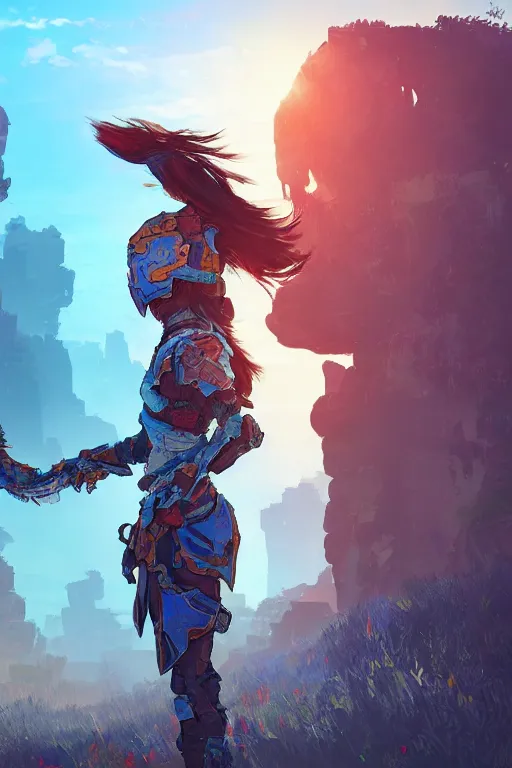 Image similar to combination suit armor aloy horizon forbidden west horizon zero dawn radiating a glowing aura global illumination ray tracing hdr fanart arstation by ian pesty and alena aenami artworks in 4 k tribal robot ninja mask helmet backpack