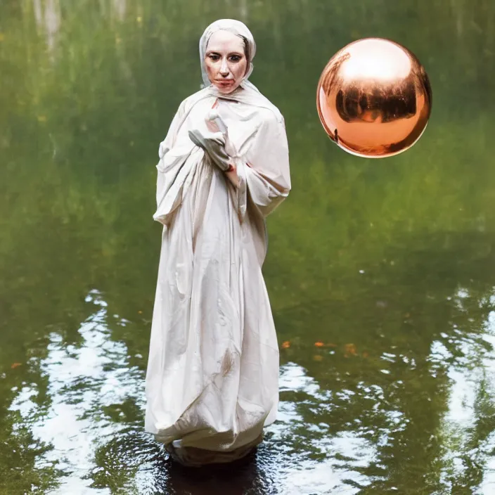 Image similar to a closeup portrait of a woman wrapped in plastic, standing next to a levitating copper orb, in a pond, color photograph, by vincent desiderio, canon eos c 3 0 0, ƒ 1. 8, 3 5 mm, 8 k, medium - format print