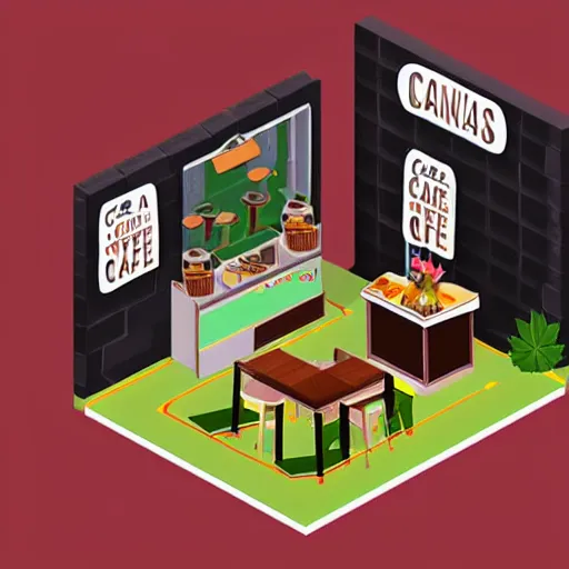 Image similar to cannabis coffee and cake cafe isometric fun 3 d cartoon, beautiful composition structure