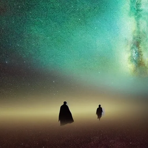 Image similar to dreamy vision of ghosts walking through milky way galaxy, epic, cosmic