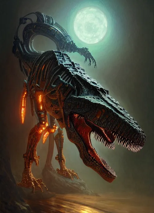 Prompt: a t - rex with a cybernetic armor, diffuse lighting, fantasy, intricate, elegant, highly detailed, lifelike, photorealistic, digital painting, artstation, illustration, concept art, smooth, sharp focus, art by john collier and albert aublet and krenz cushart and artem demura and alphonse mucha