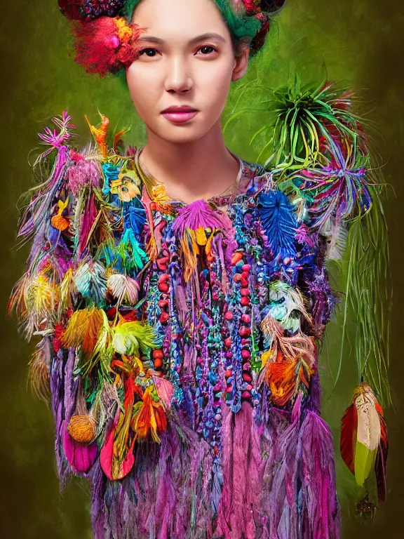 Image similar to beautiful portrait of a Subtropics minority female wearing fantastic Hand-dyed cotton dress, embellished beaded and feather decorative fringe knots ,colorful pigtail,among subtropical flowers and plants,symmetrical face,intricate, cute, playful,elegant, highly detailed, dim volumetric lighting, 8k,post-processing,digital painting, trending on artstation, concept art, sharp focus, illustration,by Steve McCurry and Tom Bagshaw and Daniel Gerhartz and Albert Aublet and Lawrence Alma-Tadema