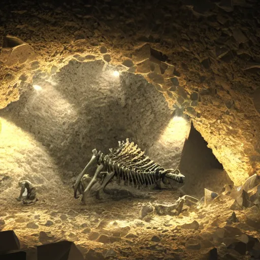 Image similar to photorealistic dinosaur skeleton inside a geode of crystals, volumetric lighting