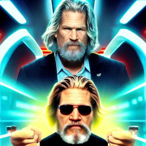 Image similar to jeff bridges as the dude lebowski in tron realm, photorealistic movie still, detailed 8 k, poster style, high resolution