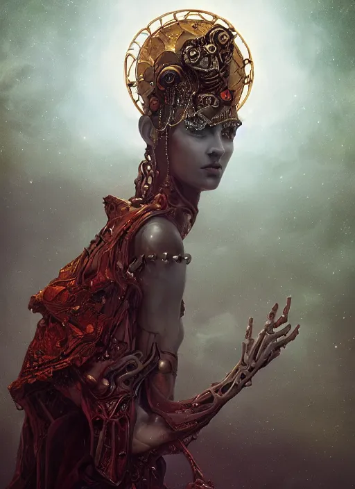 Prompt: epic portrait of menacing, agitated, anxious yet stunningly beautiful biomechanical djinn overseeing the iridescent fabric of the universe, by charlie bowater, mandy jurgens, gustav klimt, octane render, dramatic camera angle, 4k, 8k, high detail, HDR, by tom bagshaw, powerful, with inspiration from Beksinski, inspired by greek goddess Athena