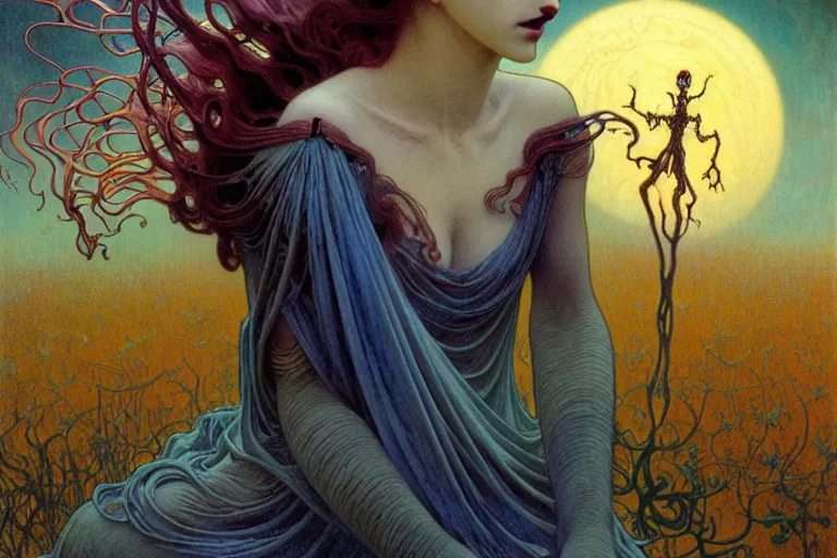 Image similar to realistic detailed portrait painting of a beautiful female zombie, nightly graveyard landscape background by Jean Delville, Amano, Yves Tanguy, Alphonse Mucha, Ernst Haeckel, Edward Robert Hughes, Roger Dean, masterpiece, cinematic composition, dramatic pose, 4k details, rich moody colours, blue eyes