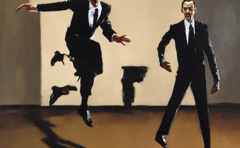 Image similar to a thin man wearing a suit screams and jumps over a telephone in a dark, 1980s living room, painted by phil hale, highly detailed