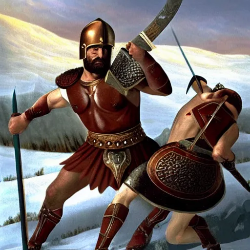 Image similar to ultra realistic leonidas i of sparta and richard the lionheart have a final duel on the snowy peaks, a blizzard is occurring, detailed