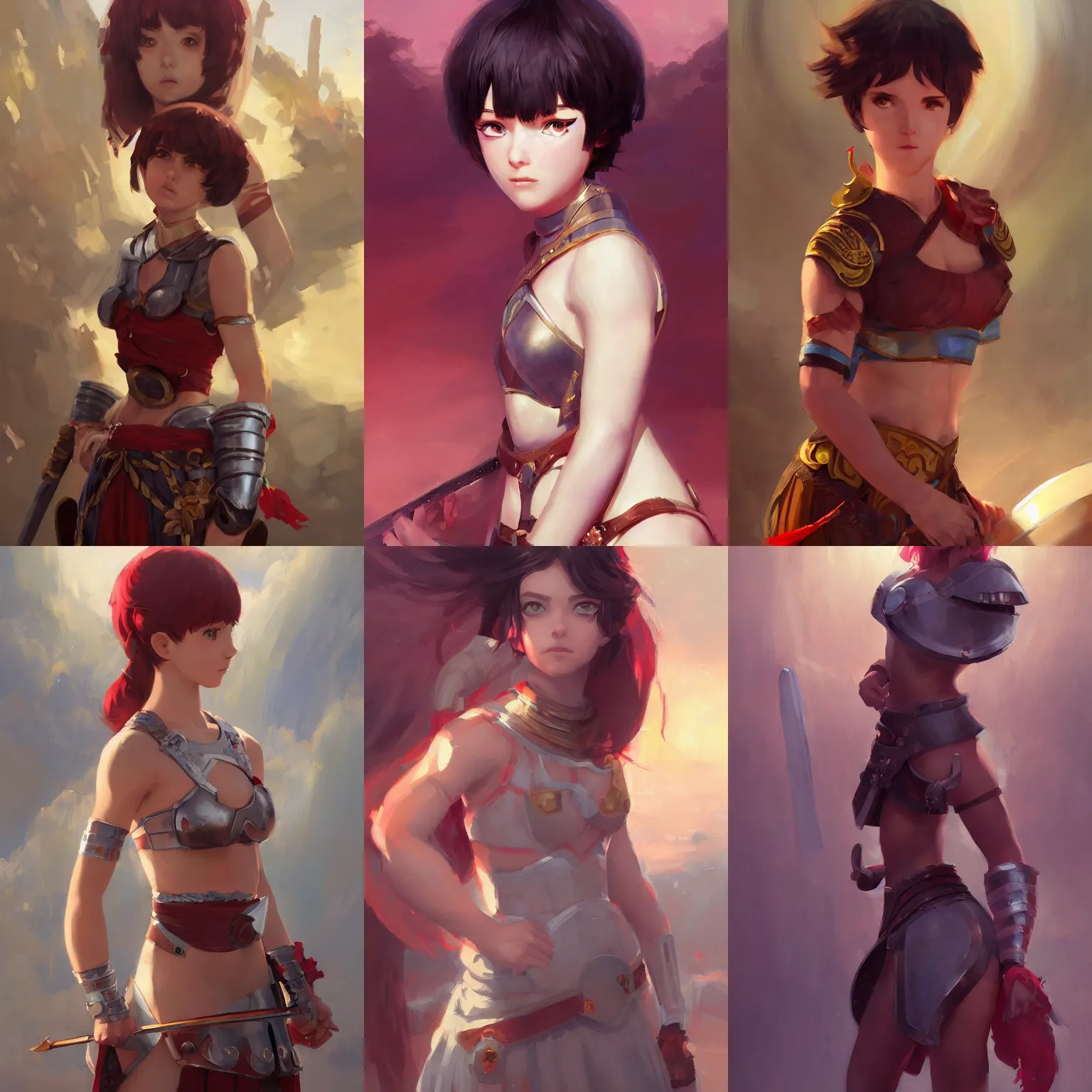 Prompt: a portrait of a cute young female gladiator, Roman setting, vivid colors, soft lighting, atmospheric, cinematic, moody, in the style of Ilya Kuvshinov and Range Murata, Krenz Cushart, rule of thirds, oil on canvas, 8k