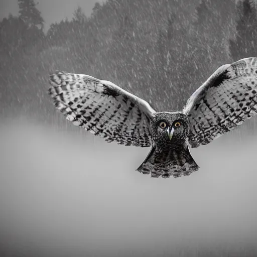 Image similar to huge owl with outstretched wings flapping flying at night through fog talons reaching for prey striking killing a rabbit in the forest lit by the full moon fog moving through feathers