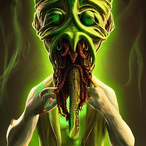 Image similar to Cthulu having a smoke after a long day of being worshipped, Lovecraftian, detailed, Weta Softworks, neon green highlights, 8k render