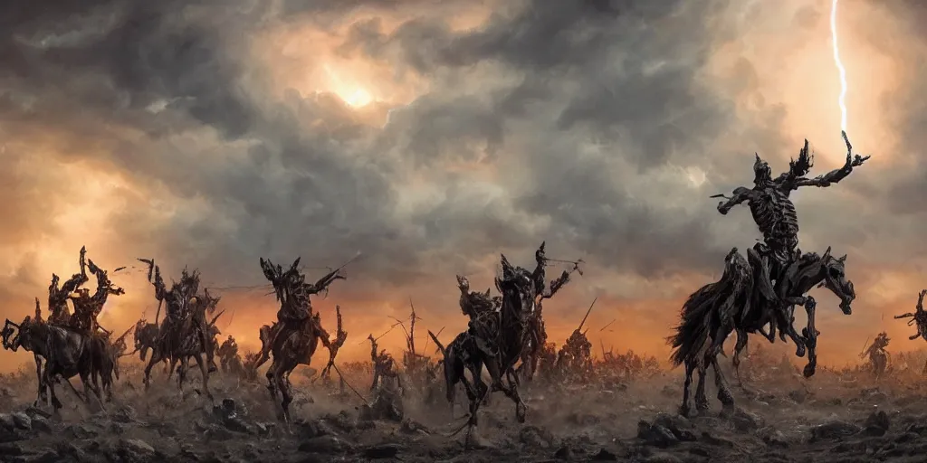 Prompt: ”five horsemen of the apocalypse riding skeleton horses towards the camera and holding up empty signs, [epic, cinematic, scary, intimidating, horror, war, battle, hell, storm clouds, lightning, octane render, 8k, mattepainting, art by wlop and paul lehr and greg rutkowski]”