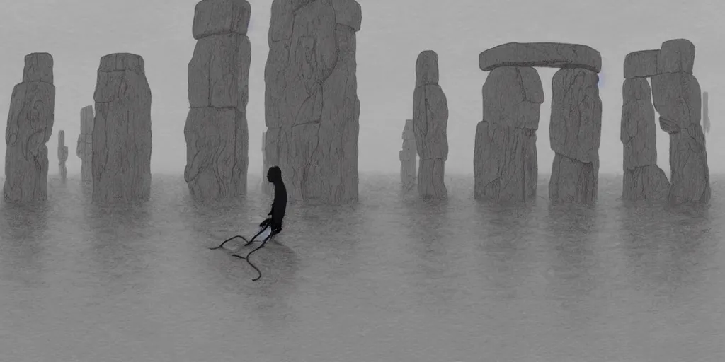 Image similar to a realistic cell - shaded studio ghibli concept art from paprika ( 2 0 0 6 ) of a hairless ape from close encounters of the third kind ( 1 9 7 7 ) in a flooded monument valley stonehenge. very dull colors, wide shot, hd, 4 k, hq