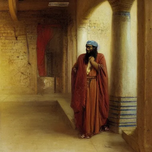 Prompt: a man with somali facial features, long curly hair, on a simple background, inside a masjid, by frederick arthur bridgman