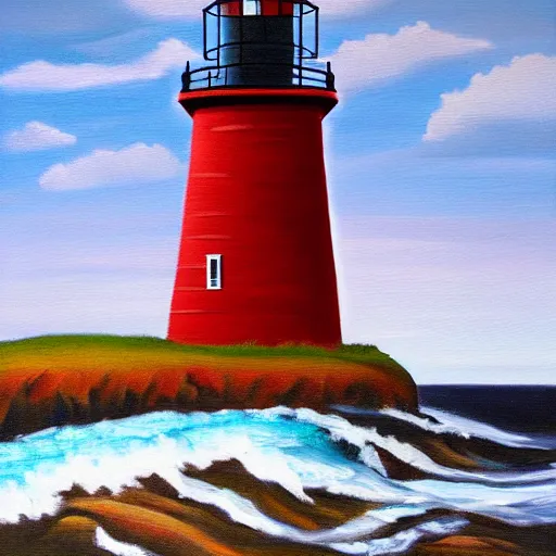 Prompt: a lighthouse on a cliff, oil on canvas, red and brown color scheme, dark lighting, by greg rutkowskit