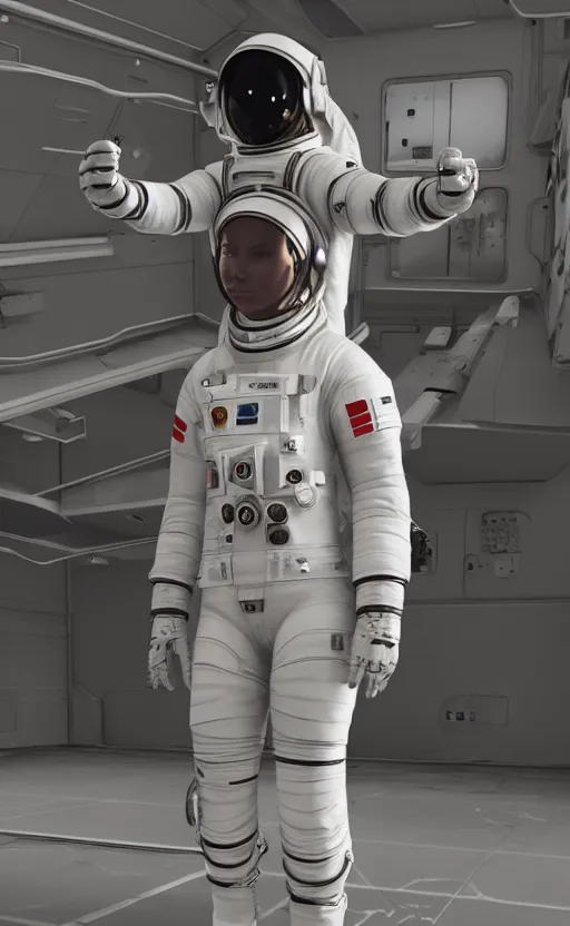 Prompt: astronaut wearing a dress by alexander mcqueen, catwalk, soft ambient lighting, photorealism, unreal engine