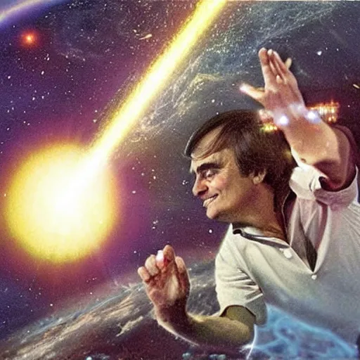 Prompt: Carl Sagan riding a meteor in high speed across the universe.