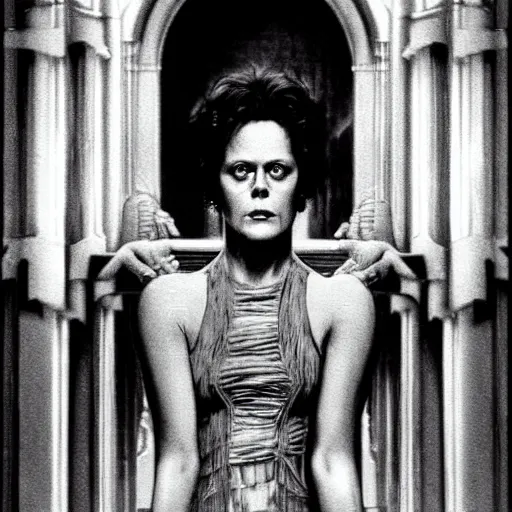 Prompt: detailed still of beautiful Ripley-Sigourney Weaver- wearing a white singlet and cat Jonesy moving apartment New York City 1983, gothic building entrance way Art Deco H.R. Giger, cinematic feel, high octane