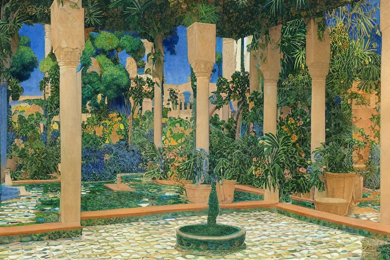 Image similar to painting of a beautiful moorish palace courtyard garden, by maxfield parrish and evelyn de morgan and waterhouse and dante rossetti, patterned tilework, palm trees, tiled fountains, extremely detailed, cinematic lighting, smooth sharp focus