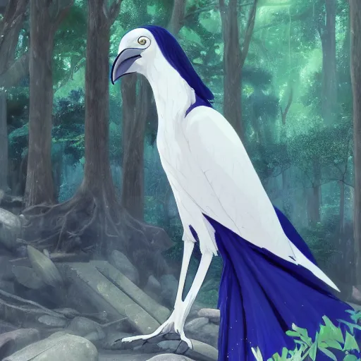 Image similar to concept art painting of an anthropomorphic humanoid white raven wearing dark blue robes, in the deep forest, realistic, detailed, cel shaded, in the style of makoto shinkai and greg rutkowski and james gurney