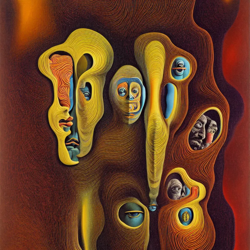 Image similar to a face coming out of a face coming out of a face coming out of a face, recursion, fractals, surreal, by salvador dali and mc escher and max ernst, oil on canvas, weird, dreams, fantasy, intricate details, soft lighting, warm colors