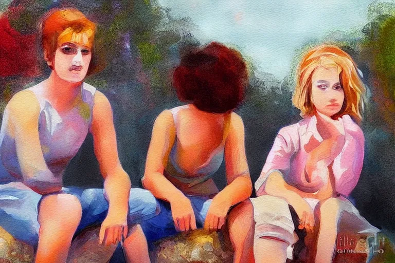 Prompt: beautiful painting of friends, beautiful faces, sitting on the edge, cute, soft light, digital painting by diane arbus