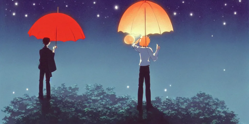 Prompt: a realistic cell - shaded studio ghibli concept art from paprika ( 2 0 0 6 ) of a man with an umbrella standing on a floating cube from close encounters of the third kind ( 1 9 7 7 ) on a misty starry night. very dull colors, hd, 4 k, hq