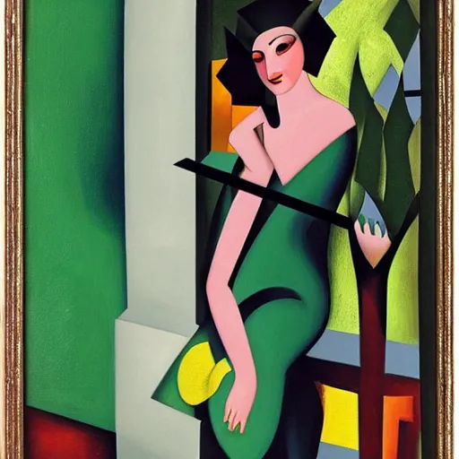 Image similar to a cat in an emerald city with a porsche 9 1 1 tamara de lempicka