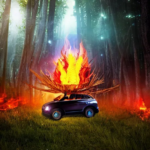 Prompt: extraterrestrial in the forest with his spaceship on fire