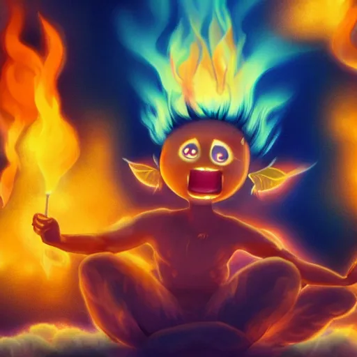 Image similar to fluffy strange popcorn elemental spirit anime character with a smiling face and flames for hair, sitting on a lotus flower, clean composition, symmetrical