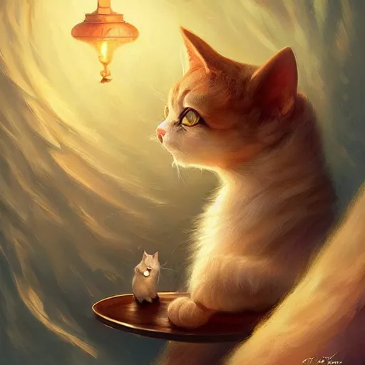 Prompt: cat , cute and adorable, pretty, beautiful, fantasy painting, DeviantArt Artstation, by Jason Felix by Steve Argyle by Tyler Jacobson by Peter Mohrbacher, cosy atmoshpere