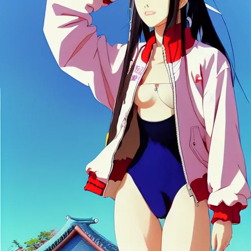 Image similar to a beautiful japanese natalie portman gravure model, wearing oversized native designer bomber jacket and leotard with overalls, bulky poofy bomber jacket with mesoamerican patterns, mesoamerican native street fashion, gapmoe yandere grimdark, trending on pixiv fanbox, painted by greg rutkowski makoto shinkai takashi takeuchi studio ghibli, akihiko yoshida