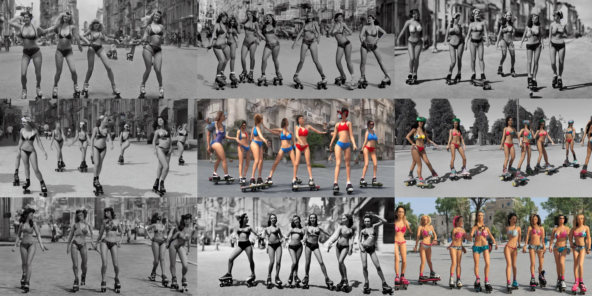 Prompt: 1 9 4 4 bikini models rollerblading on the streets 3 d render octane render