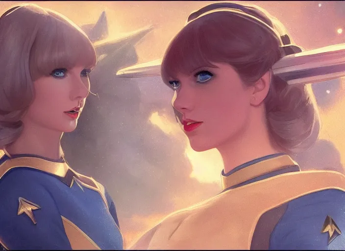 Image similar to a disney film still of taylor swift as a star trek officer, finely detailed features, closeup of the face, perfect art, dusk, blue hour, gapmoe yandere grimdark, trending on pixiv fanbox, painted by greg rutkowski, makoto shinkai, takashi takeuchi, alphonse mucha, akihiko yoshida