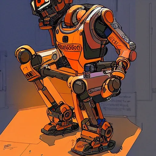 Image similar to hector. cyberpunk mechanic dude with robotic legs. orange and black color scheme. concept art by james gurney and mœbius. apex legends character art