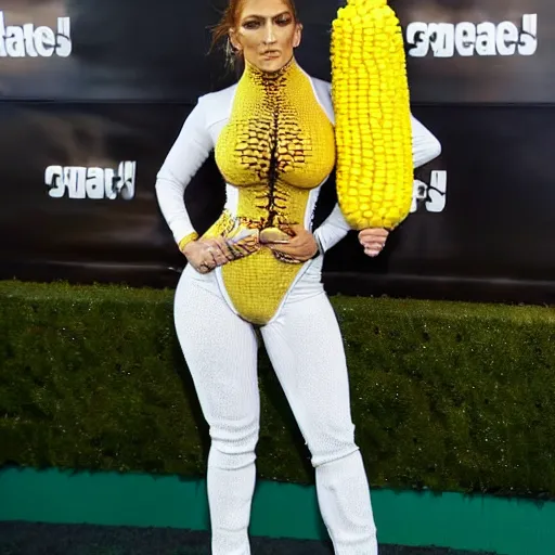 Image similar to full body photo of jennifer lopez, she is wearing a funny kid's hallowen costume of corn on a cob