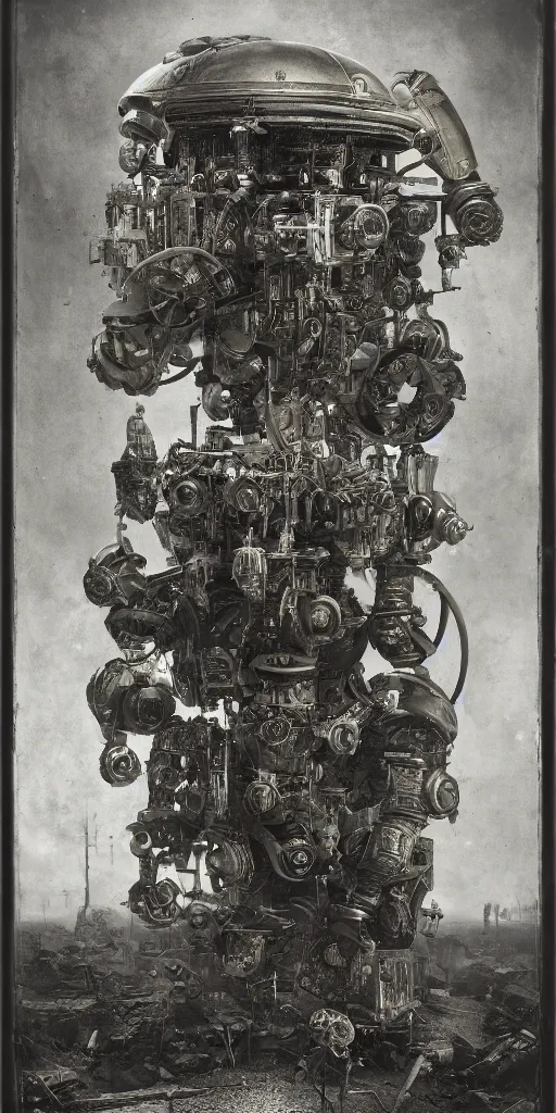 Prompt: old wetplate daguerreotype birth of artificial futuristic robots life, in metropolis, fractal, intricate, elegant, highly detailed, parallax, leica, medium format, subsurface scattering, by jheronimus bosch and greg rutkowski and louis jacques mande daguerre