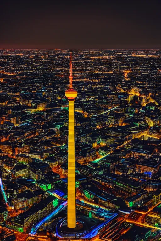 Image similar to neon streets of berlin television tower, 4 k, award winning photo, cyberpunk style