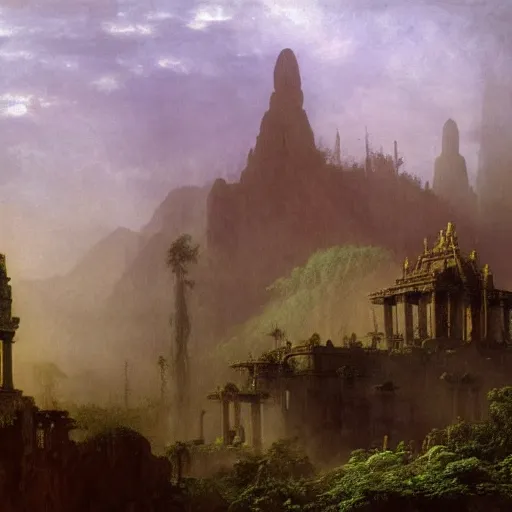 Prompt: a highly detailed matte painting of a lost jungle temple, the mist settles on the ground while the morning light glows off the stone structures, a steampunk airship hovers over it all by Albert Bierstadt and Caspar Friedrich