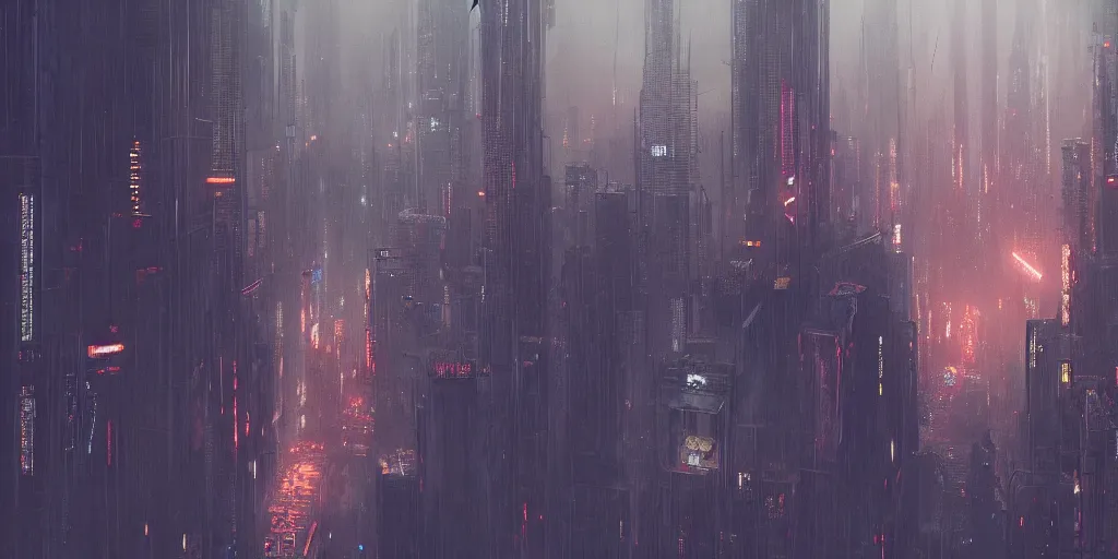 Image similar to a painting of a cinematic keyframe of a cyberpunk dystopian city, blade runner like seen from above, cenital shot, by greg rutkowski, rule of thirds, golden ratio, ambient lighting, wlop, artgerm, artstation, highly detailed masterpiece, dark fantasy art, high detail, trending on artstation