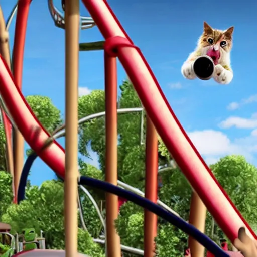 Image similar to selfie of a shouting cat riding a roller - coaster, highly - detailed realistic award - winning